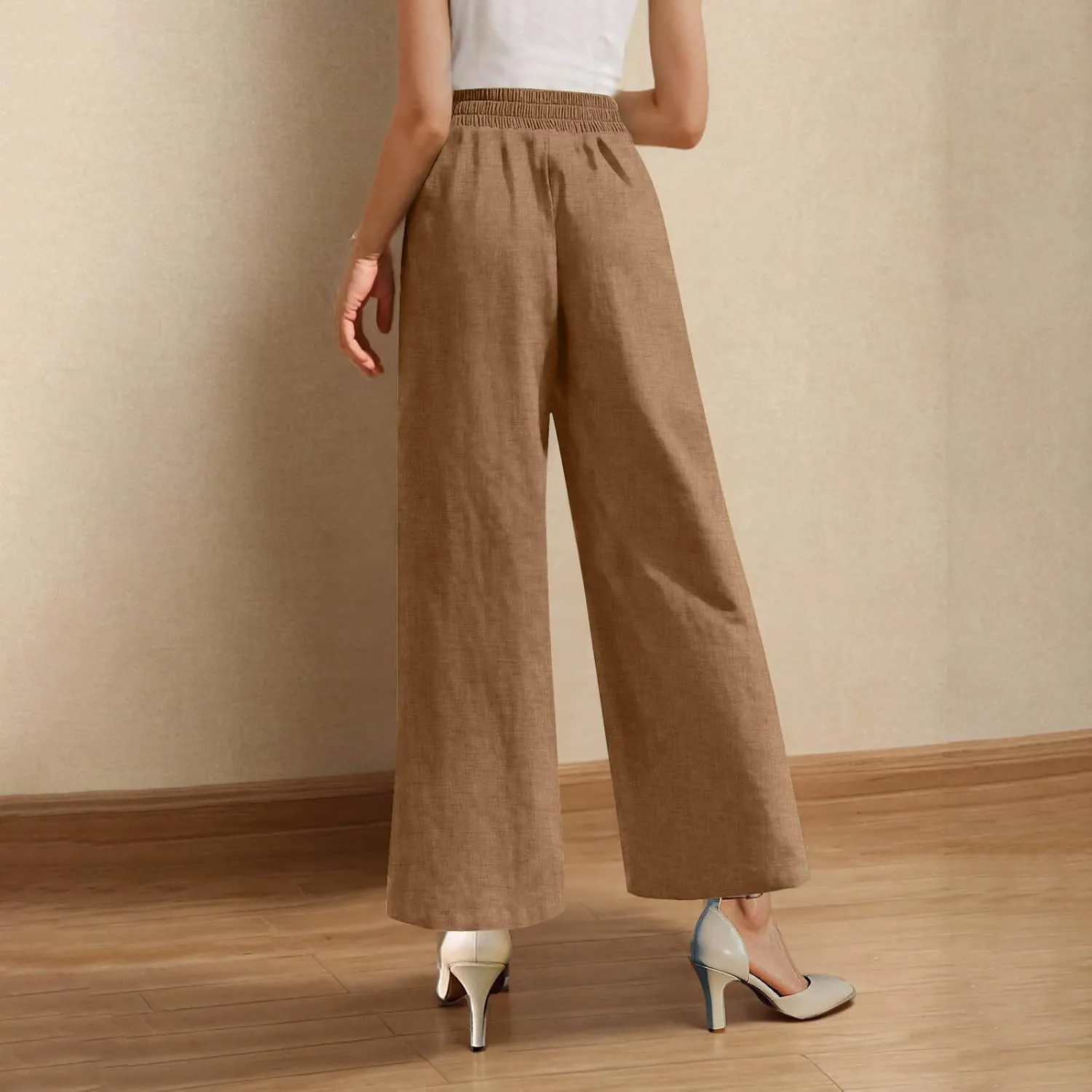 Women's Wide Leg Pants with Pockets Summer High Waisted Loose Linen Pants Plus Size Trendy Flowy Palazzo Trousers