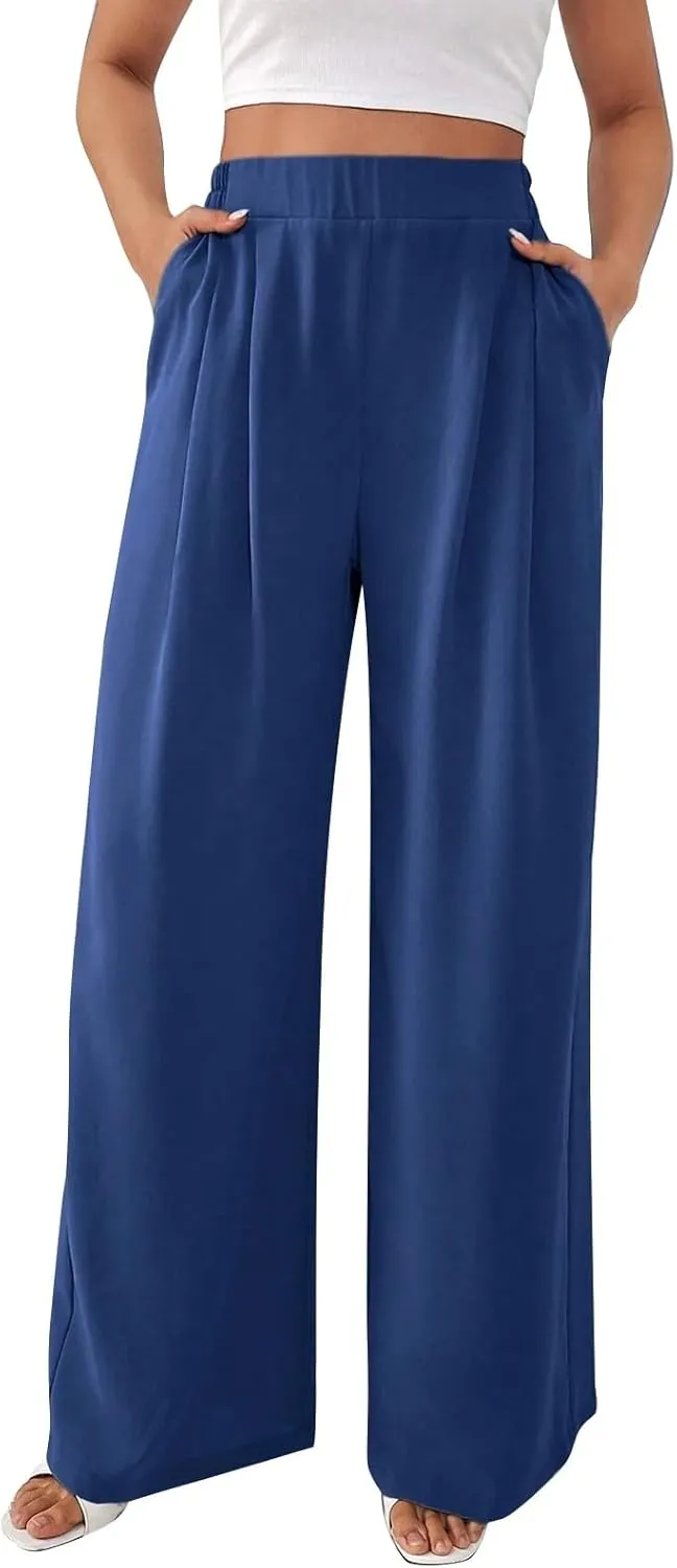 Women's Wide Leg Work Pants High Waist Elastic Dress Lightweight Palazzo Pant Business Casual Trousers with Pockets