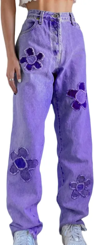 Women's Y2K Fashion Wide Leg High Waist Boyfriend Jeans Loose Fit Vintage Baggy Denim Pants Teen Girls Flower Embroidery