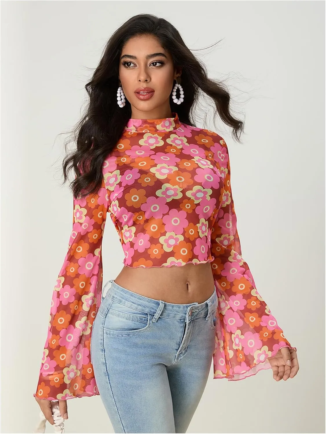 Women's Y2K Floral 70s Top Hippie Shirt Sheer Mesh Tee Shirt Disco Long Bell Sleeve T Shirts Crew Neck Boho Crop Tops