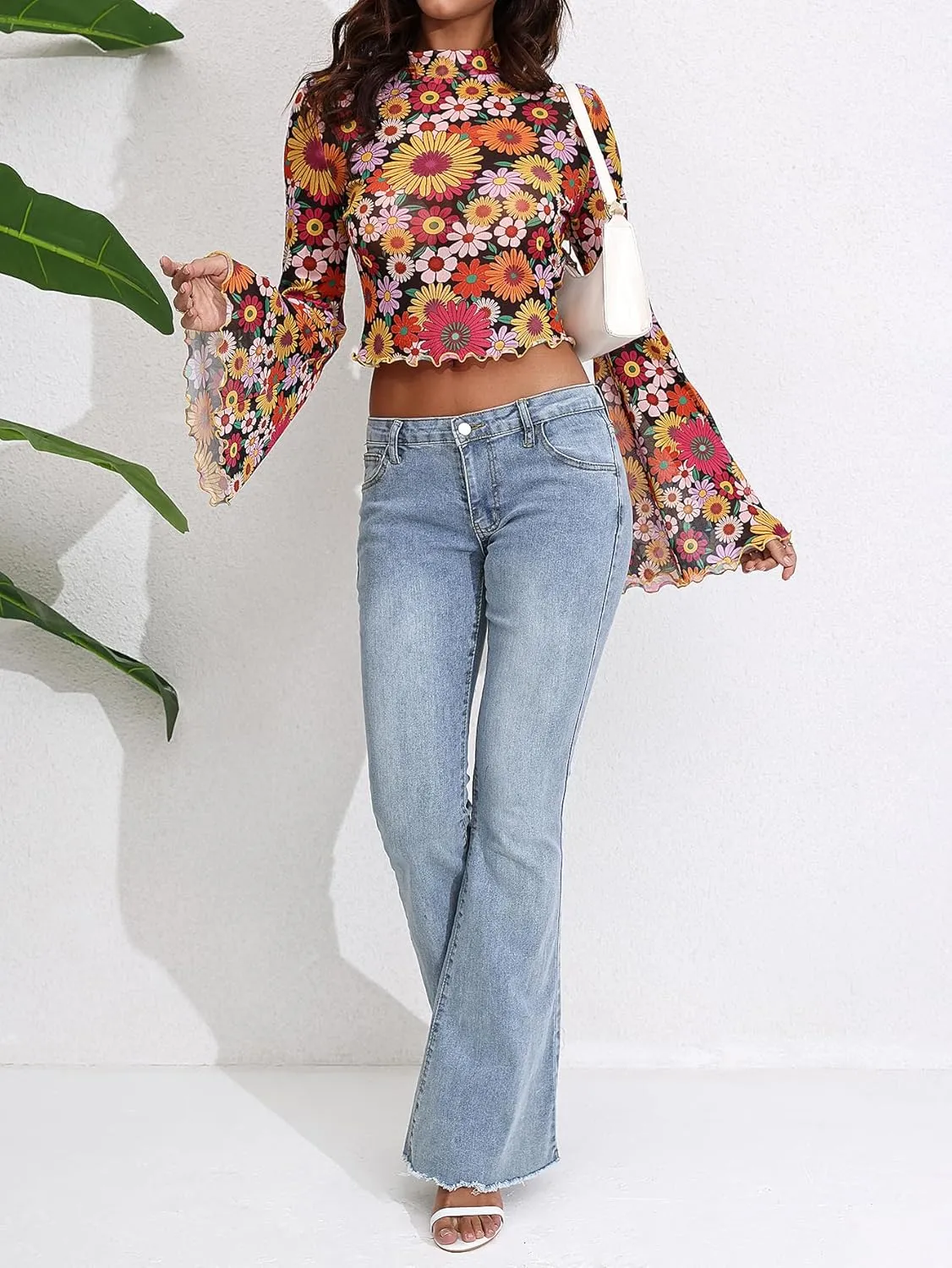 Women's Y2K Floral 70s Top Hippie Shirt Sheer Mesh Tee Shirt Disco Long Bell Sleeve T Shirts Crew Neck Boho Crop Tops