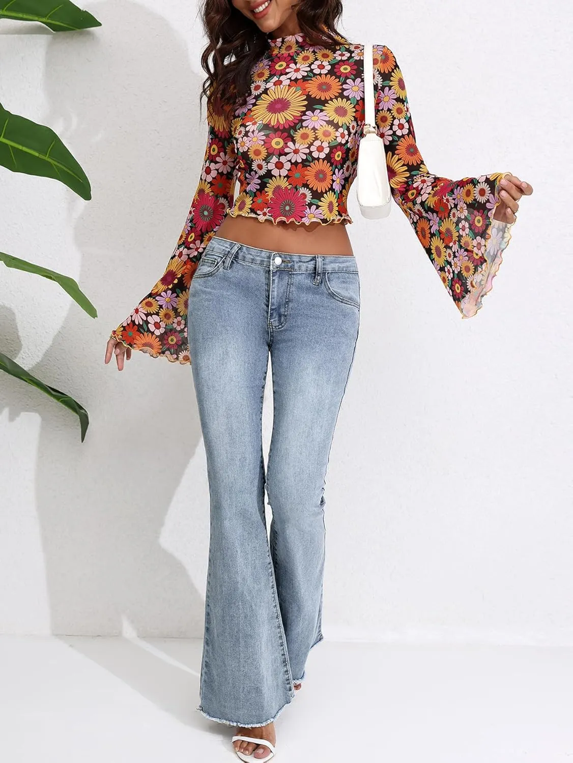 Women's Y2K Floral 70s Top Hippie Shirt Sheer Mesh Tee Shirt Disco Long Bell Sleeve T Shirts Crew Neck Boho Crop Tops