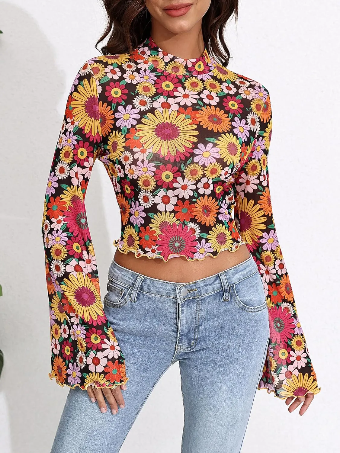 Women's Y2K Floral 70s Top Hippie Shirt Sheer Mesh Tee Shirt Disco Long Bell Sleeve T Shirts Crew Neck Boho Crop Tops