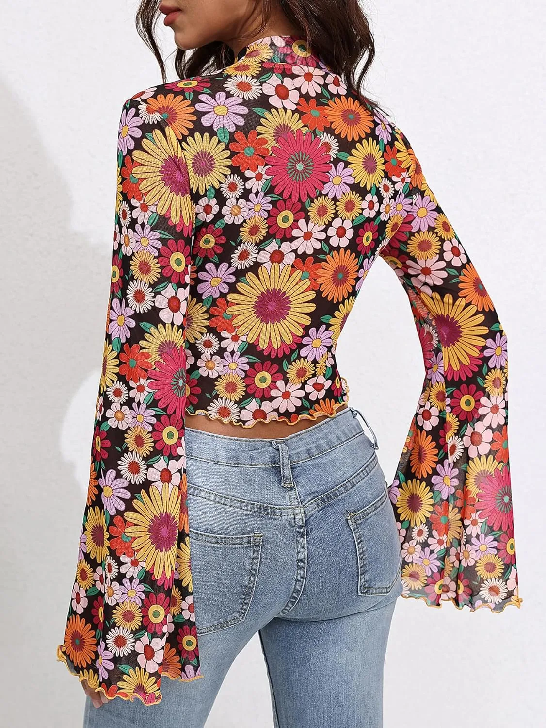 Women's Y2K Floral 70s Top Hippie Shirt Sheer Mesh Tee Shirt Disco Long Bell Sleeve T Shirts Crew Neck Boho Crop Tops