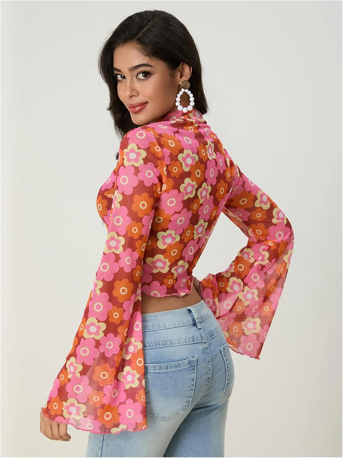 Women's Y2K Floral 70s Top Hippie Shirt Sheer Mesh Tee Shirt Disco Long Bell Sleeve T Shirts Crew Neck Boho Crop Tops