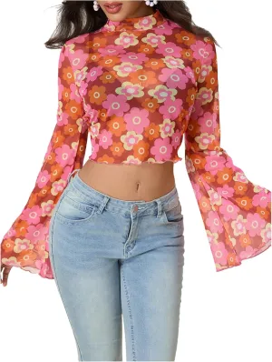 Women's Y2K Floral 70s Top Hippie Shirt Sheer Mesh Tee Shirt Disco Long Bell Sleeve T Shirts Crew Neck Boho Crop Tops