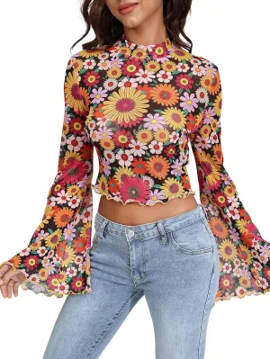 Women's Y2K Floral 70s Top Hippie Shirt Sheer Mesh Tee Shirt Disco Long Bell Sleeve T Shirts Crew Neck Boho Crop Tops