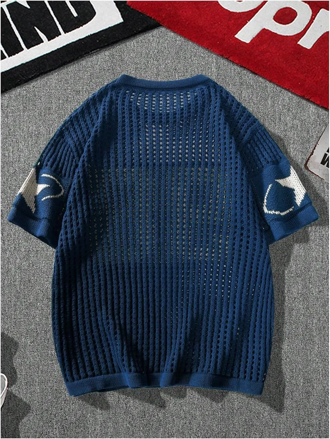 Women's Y2K Jersey Shirts Oversized Number Crochet Hollow Out Jersey Tee Sweater Crew Neck Short Sleeve Knit T Shirts