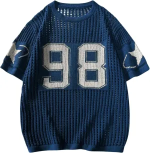 Women's Y2K Jersey Shirts Oversized Number Crochet Hollow Out Jersey Tee Sweater Crew Neck Short Sleeve Knit T Shirts