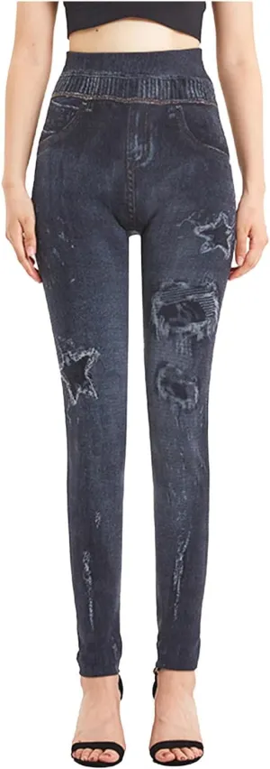 Women's Yoga Pants 2025 Fake Denim High Waisted Skinny Destroyed Ripped Hole Print Pants Full Length Stretchy Pants