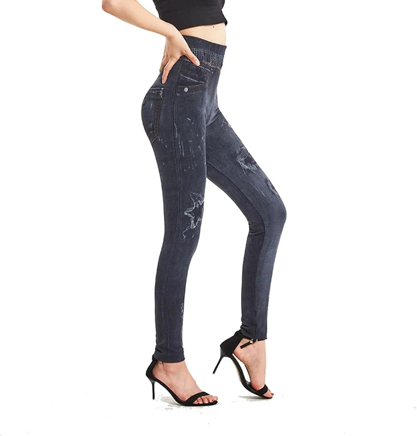 Women's Yoga Pants 2025 Fake Denim High Waisted Skinny Destroyed Ripped Hole Print Pants Full Length Stretchy Pants