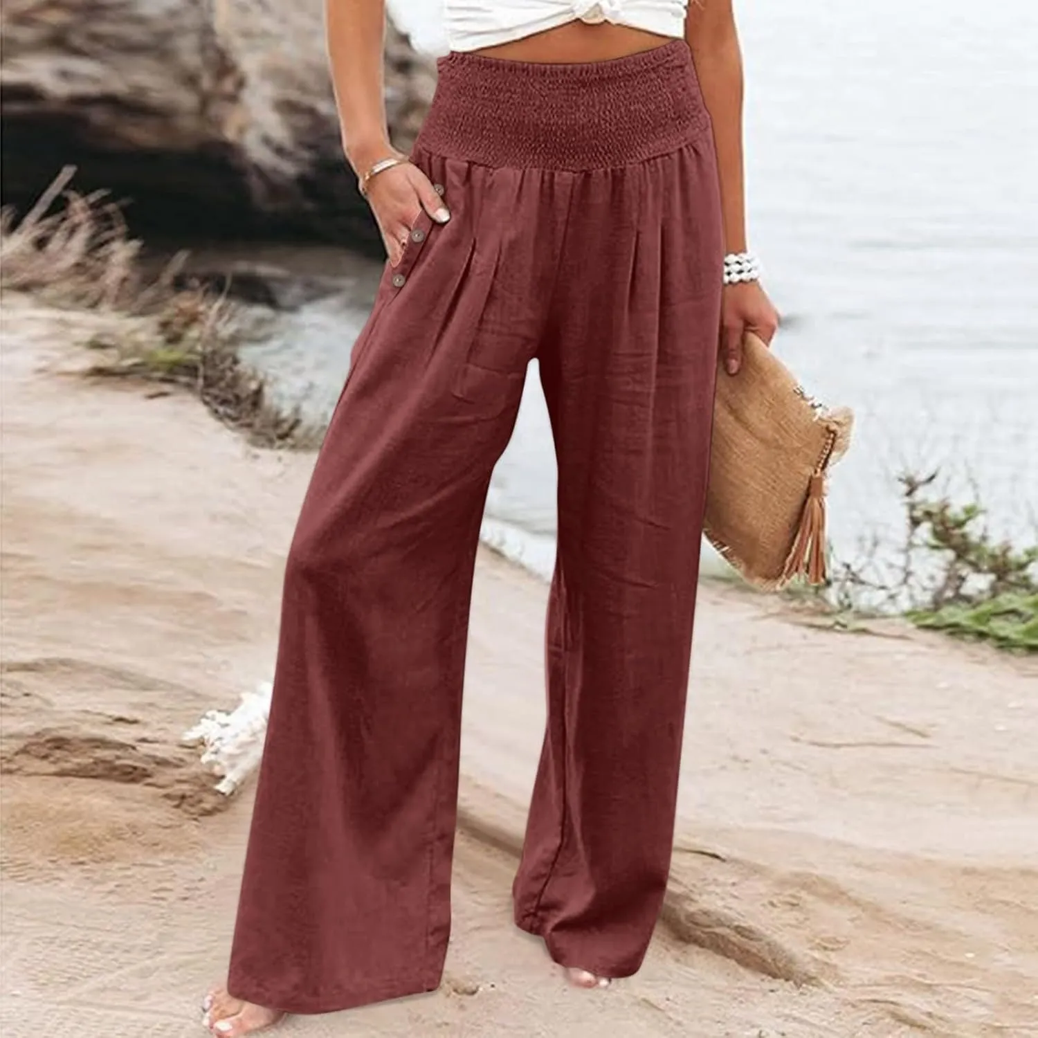 Women'sCasual Linen Pants Linen Wide Leg Pants Women Summer Casual Drawstring Elastic High Waist Summer Palazzo