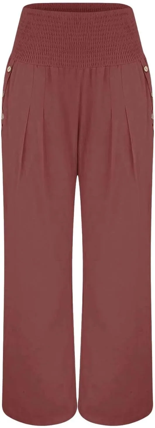 Women'sCasual Linen Pants Linen Wide Leg Pants Women Summer Casual Drawstring Elastic High Waist Summer Palazzo