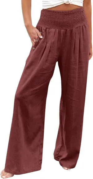 Women'sCasual Linen Pants Linen Wide Leg Pants Women Summer Casual Drawstring Elastic High Waist Summer Palazzo