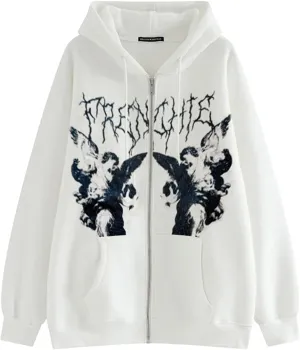 XBTCLXEBCO Women's Oversized Hoodie Sweatshirt Graphic Print Long Sleeve Zipper Hooded Coat Vintage Loose Jacket With Pockets