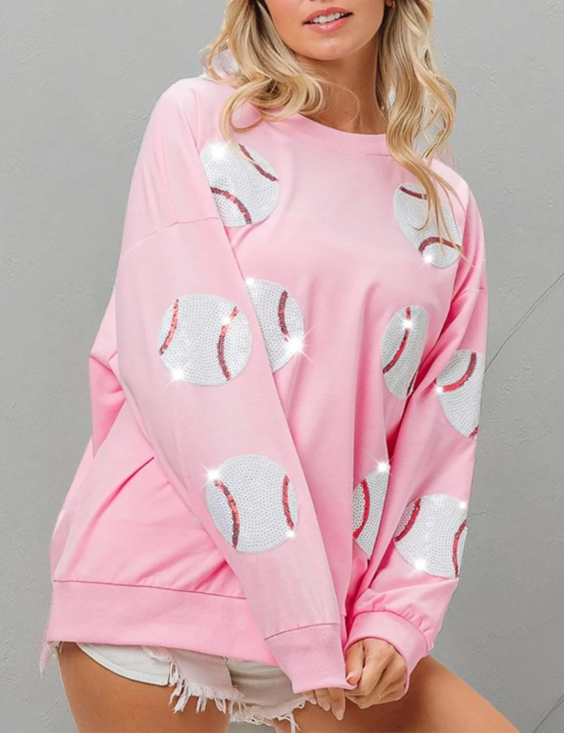Xunger Womens Crewneck Long Sleeve Baseball Sequin Pullover Sweatshirt Loose Fit Casual Patches Gameday Tops