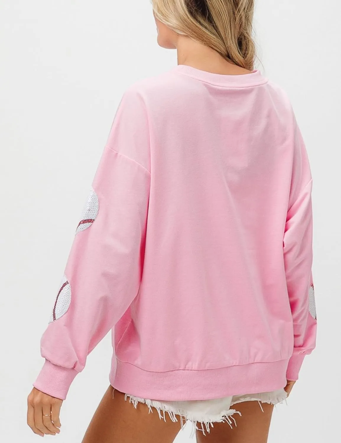 Xunger Womens Crewneck Long Sleeve Baseball Sequin Pullover Sweatshirt Loose Fit Casual Patches Gameday Tops