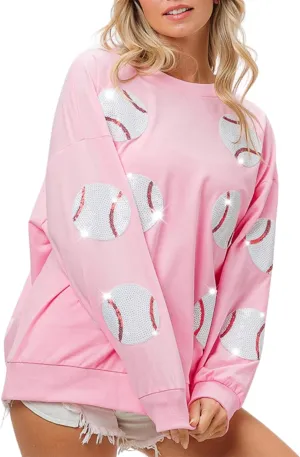 Xunger Womens Crewneck Long Sleeve Baseball Sequin Pullover Sweatshirt Loose Fit Casual Patches Gameday Tops