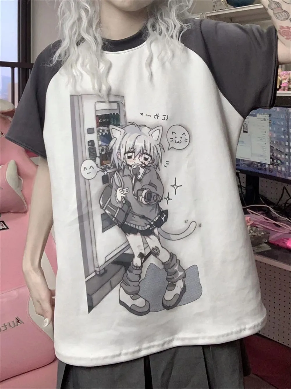 Y2k Aesthetic Detachable Sleeve T-Shirt Women Kawaii Cat Girl Anime Print Cute Sweatshirts Fairycore Streetwear