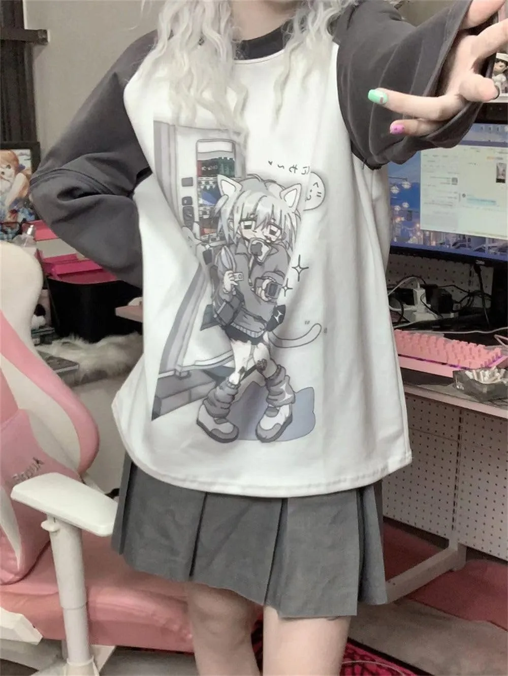 Y2k Aesthetic Detachable Sleeve T-Shirt Women Kawaii Cat Girl Anime Print Cute Sweatshirts Fairycore Streetwear