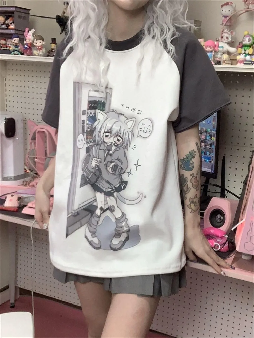 Y2k Aesthetic Detachable Sleeve T-Shirt Women Kawaii Cat Girl Anime Print Cute Sweatshirts Fairycore Streetwear