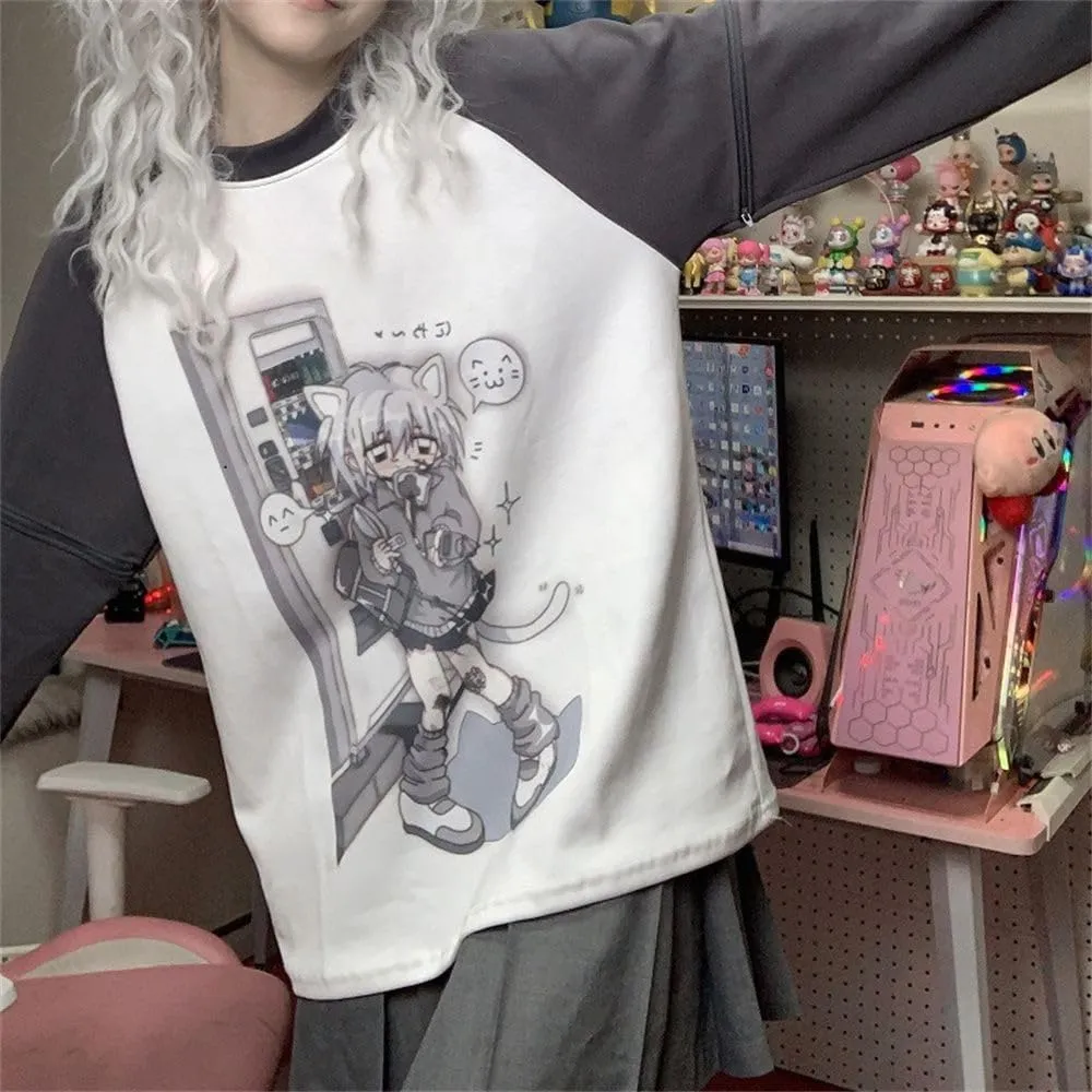 Y2k Aesthetic Detachable Sleeve T-Shirt Women Kawaii Cat Girl Anime Print Cute Sweatshirts Fairycore Streetwear