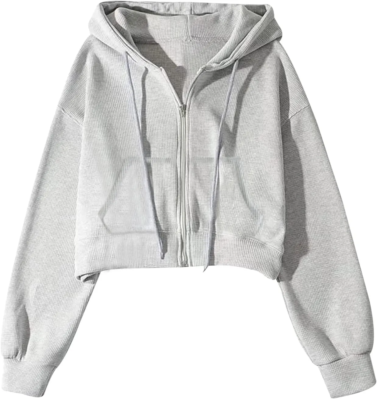 Yimoon Zip Up Hoodie Women Cropped Waffle Knit Vintage Sweatshirt Casual Jackets Long Sleeve Hooded with Pockets