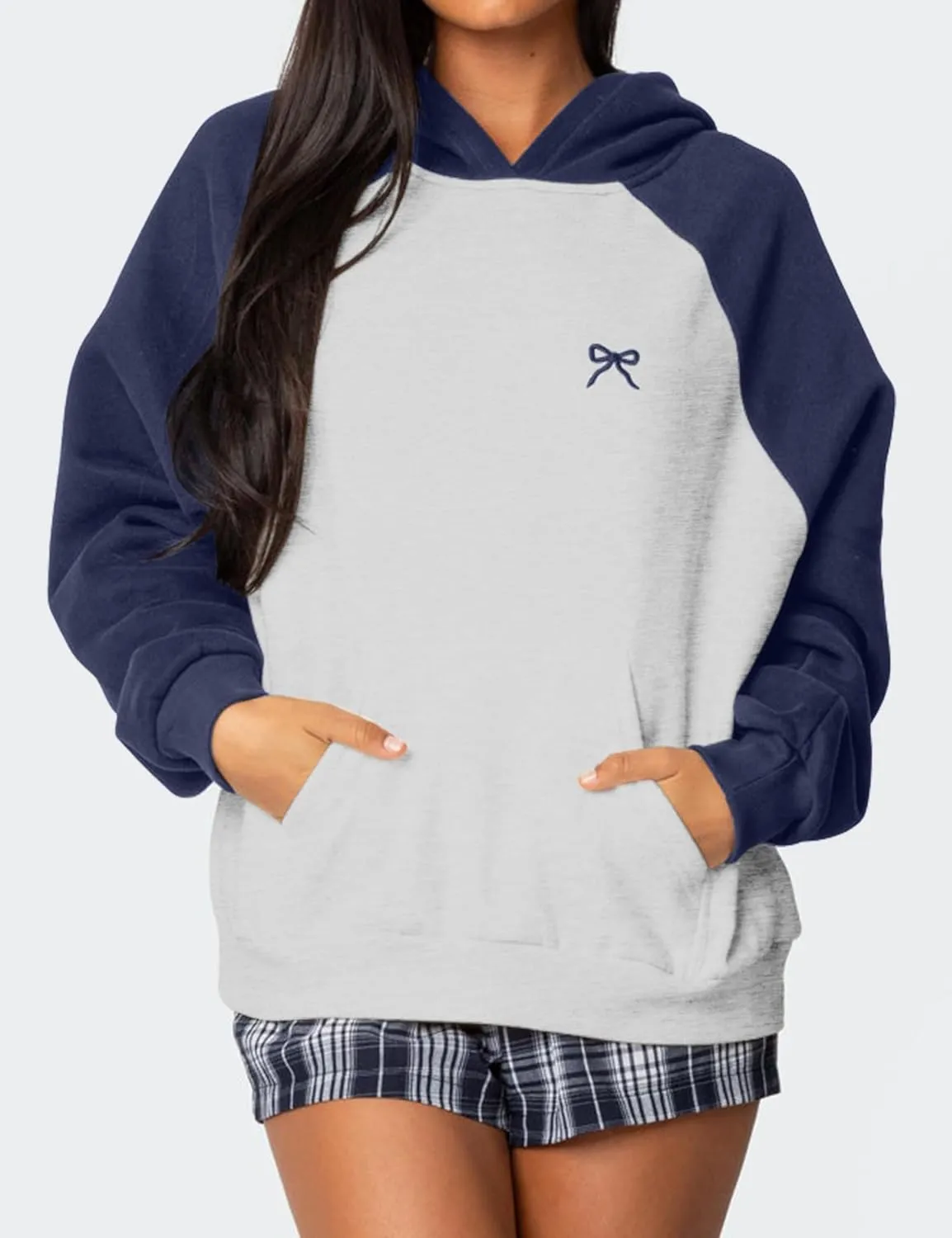 Ythomm Womens Bow Graphic Hoodie Color Block Oversized Pullover Sweatshirts Fall Winter Loose Fitted Long Sleeve Hooded Tops
