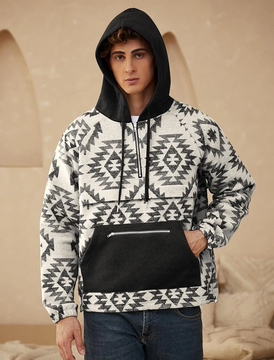ZAFUL Men's Oversized Hoodie Quarter Zip Ethnic Aztec Print Loose Pullover Hooded Sweatshirt with Pocket