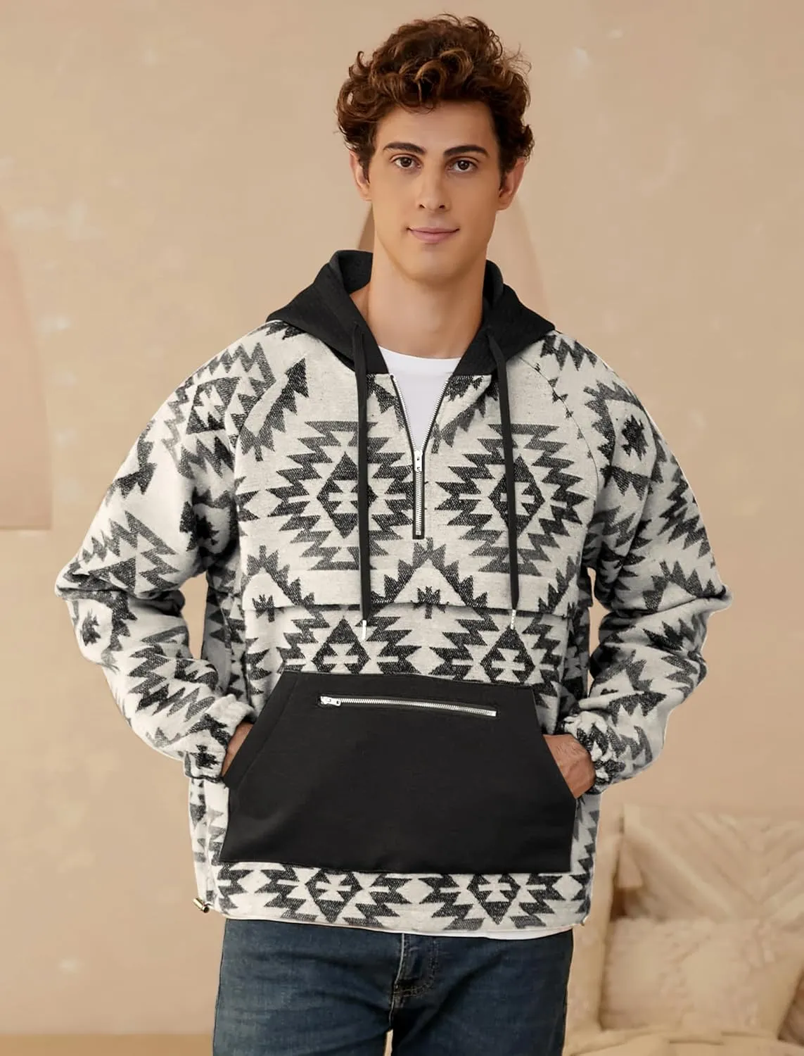 ZAFUL Men's Oversized Hoodie Quarter Zip Ethnic Aztec Print Loose Pullover Hooded Sweatshirt with Pocket
