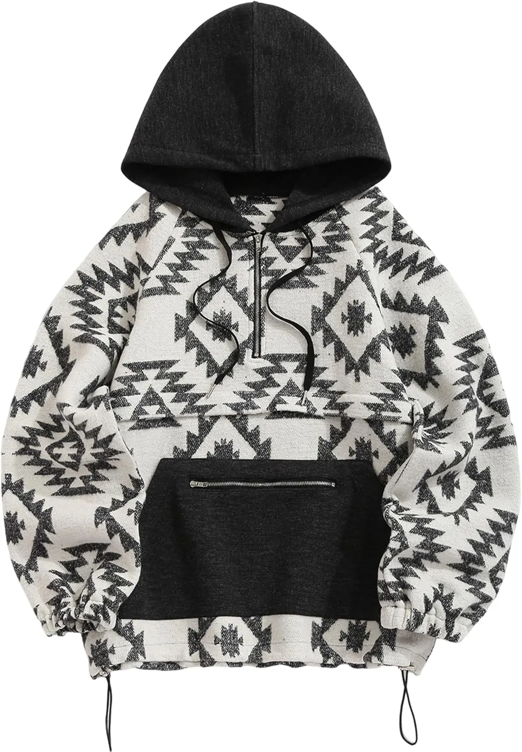 ZAFUL Men's Oversized Hoodie Quarter Zip Ethnic Aztec Print Loose Pullover Hooded Sweatshirt with Pocket
