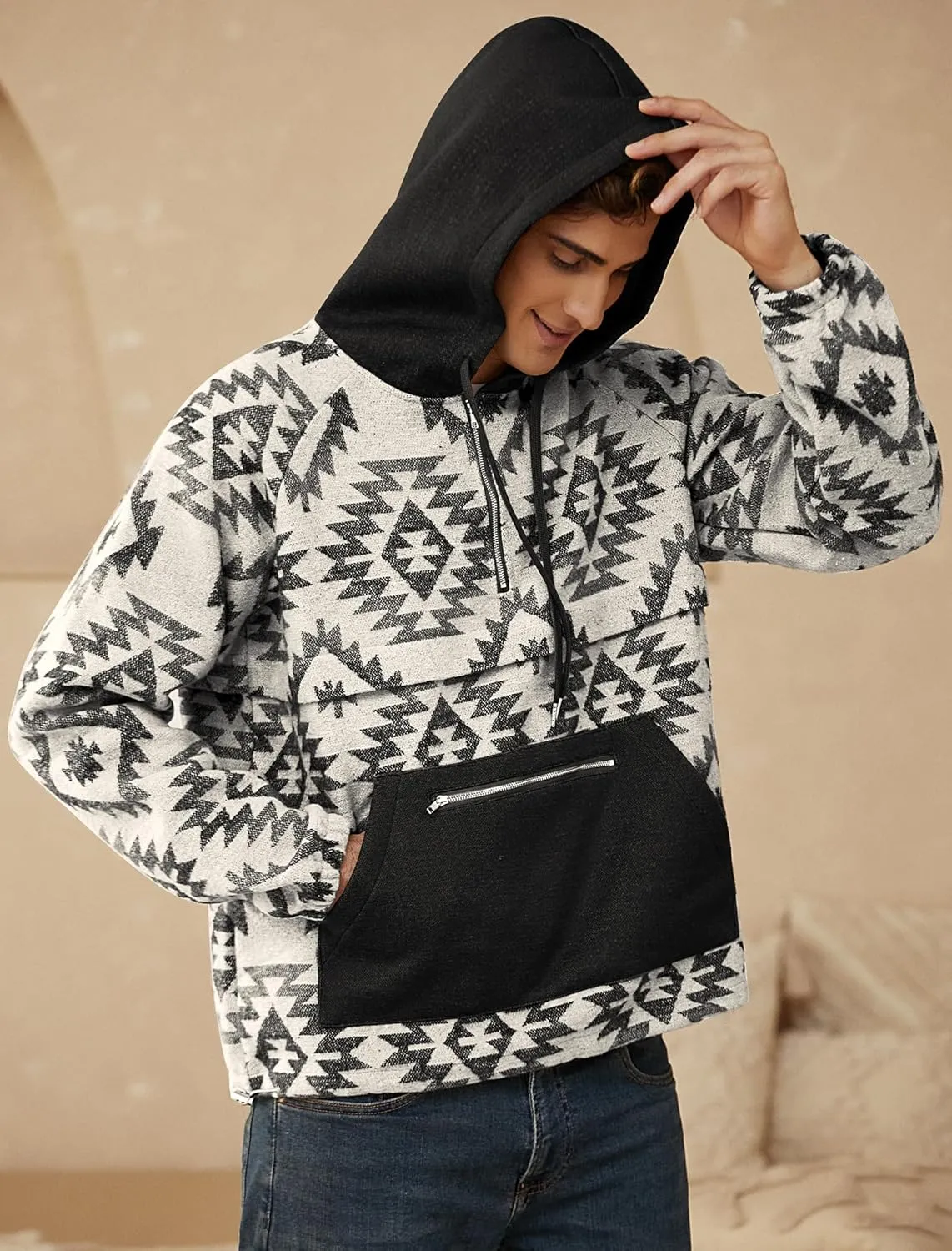 ZAFUL Men's Oversized Hoodie Quarter Zip Ethnic Aztec Print Loose Pullover Hooded Sweatshirt with Pocket
