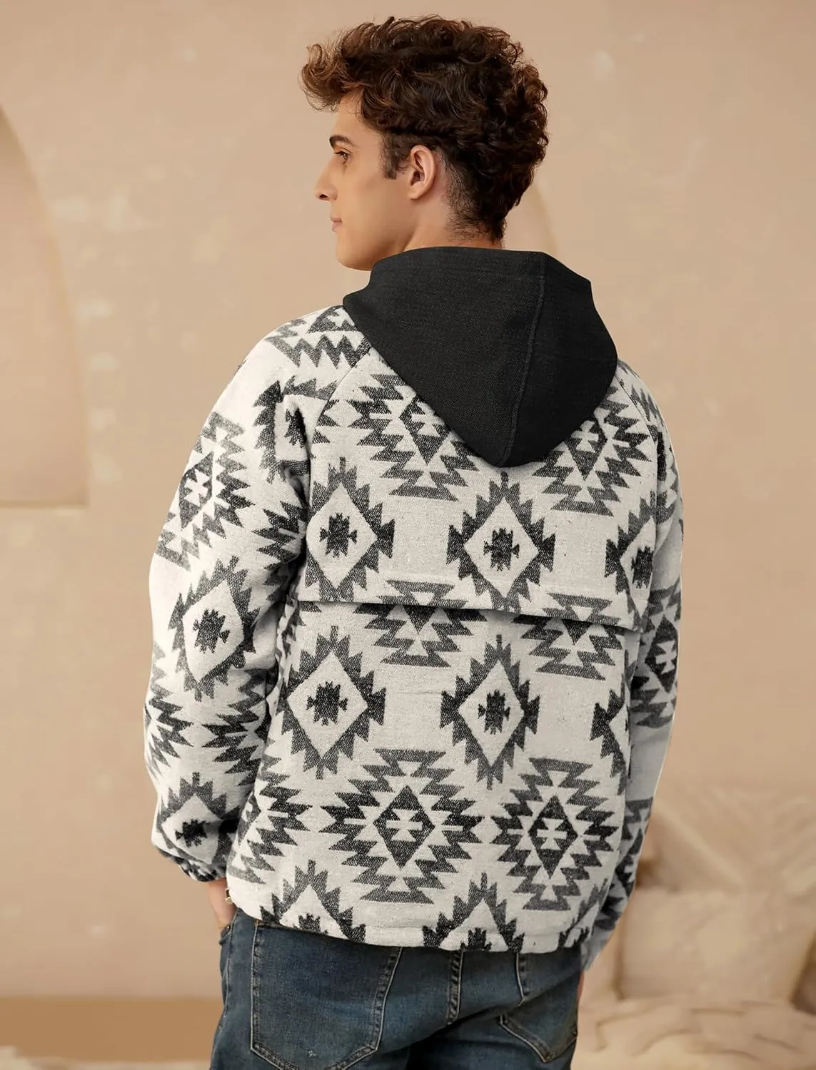 ZAFUL Men's Oversized Hoodie Quarter Zip Ethnic Aztec Print Loose Pullover Hooded Sweatshirt with Pocket