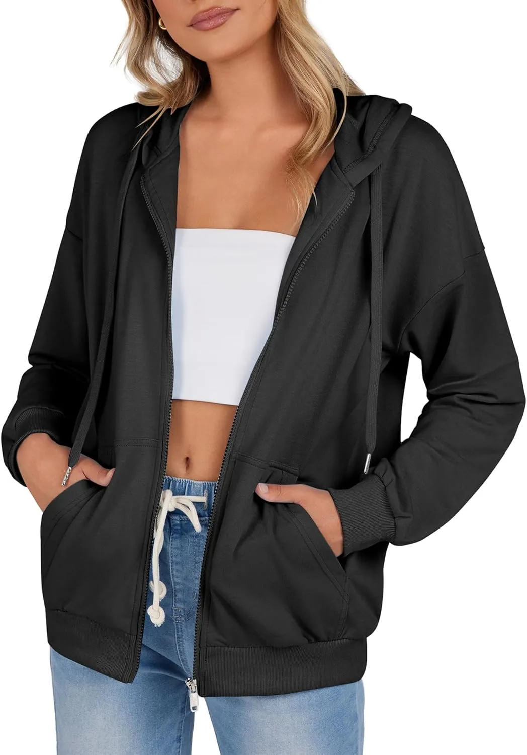 Zeagoo Women's Lightweight Hoodies Full Zip Up Oversized Sweatshirts with Pockets Long Sleeve Thin Casual Hooded Jackets