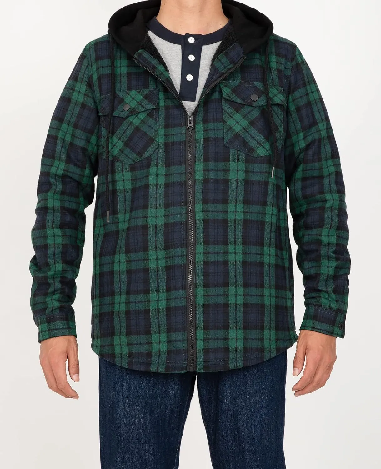 ZENTHACE Men's Sherpa Lined Full Zip Hooded Plaid Shirt Jacket