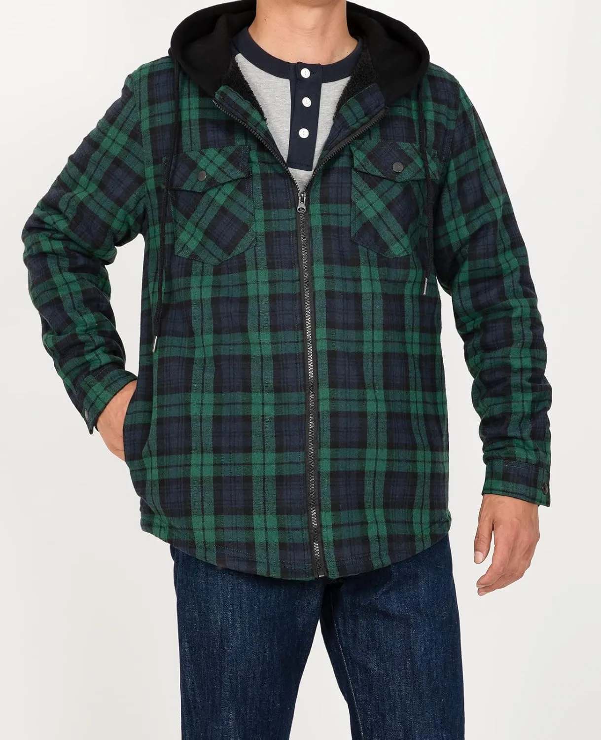 ZENTHACE Men's Sherpa Lined Full Zip Hooded Plaid Shirt Jacket