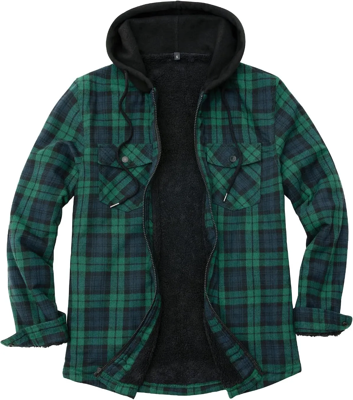 ZENTHACE Men's Sherpa Lined Full Zip Hooded Plaid Shirt Jacket