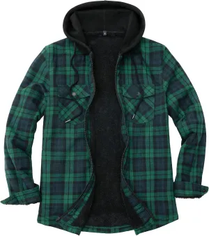 ZENTHACE Men's Sherpa Lined Full Zip Hooded Plaid Shirt Jacket