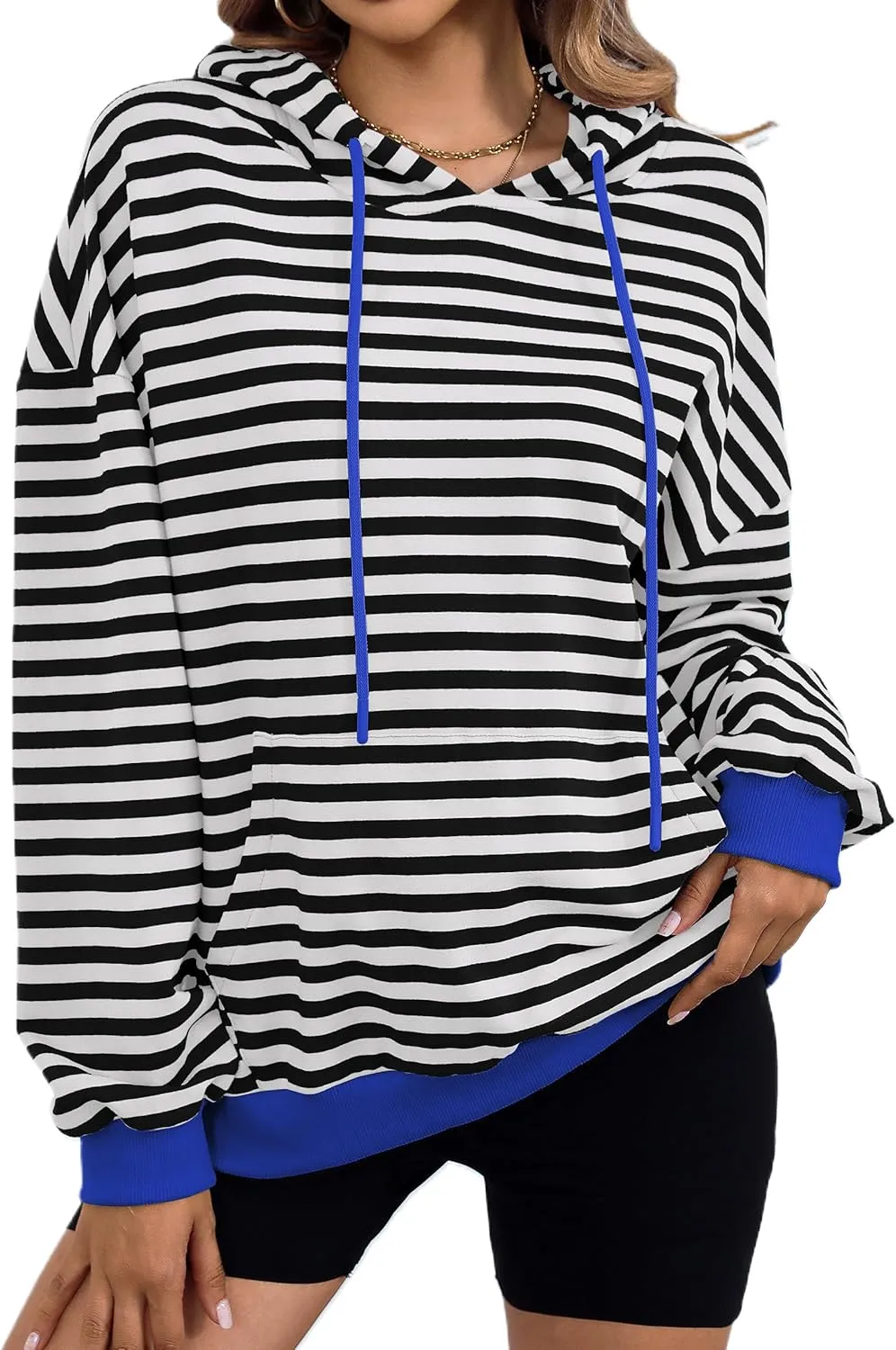 ZILIN Womens Striped Oversized Sweatshirts Long Sleeve Color Block Hoodies Pullover Top Y2K Clothes with Pocket