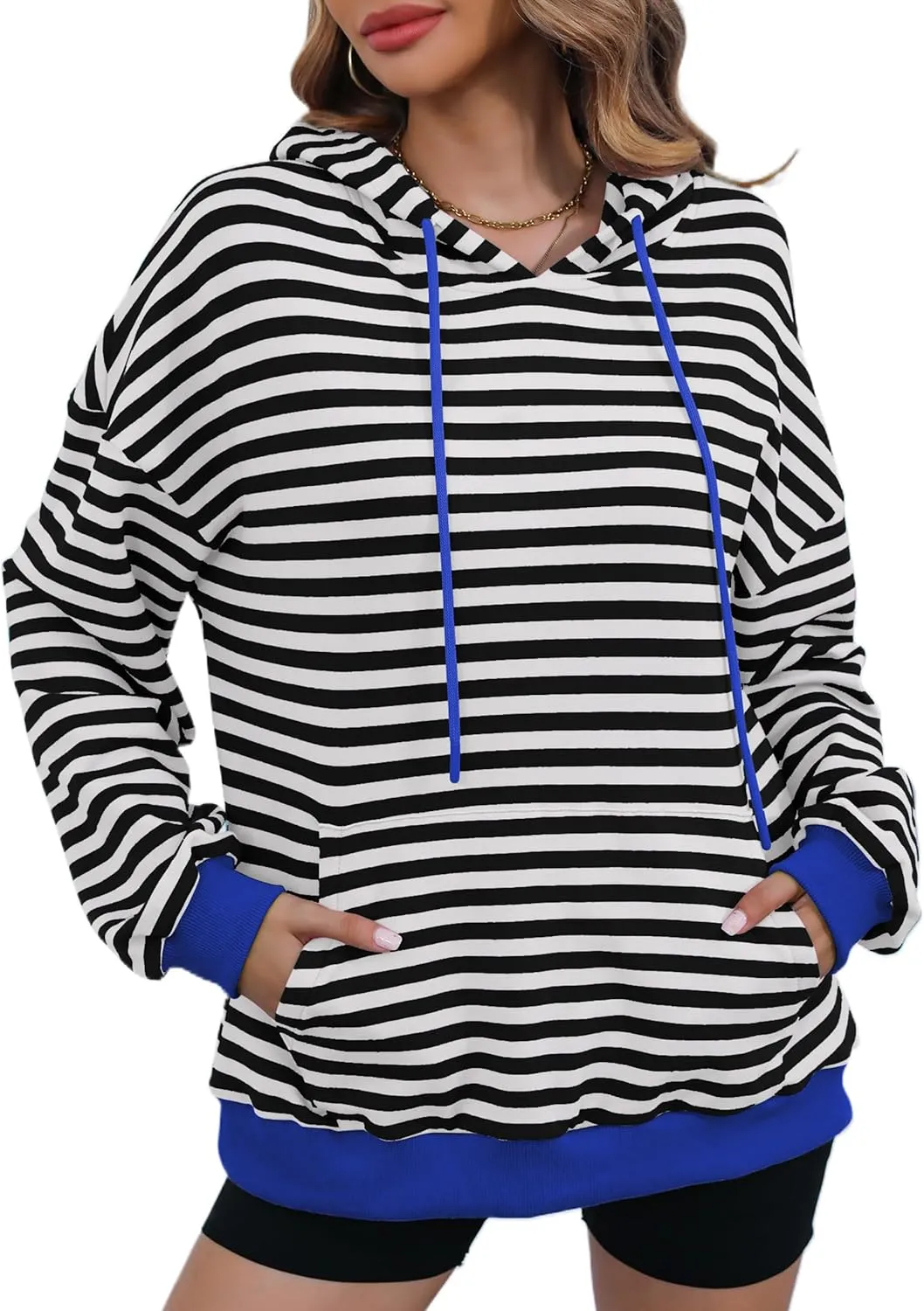 ZILIN Womens Striped Oversized Sweatshirts Long Sleeve Color Block Hoodies Pullover Top Y2K Clothes with Pocket