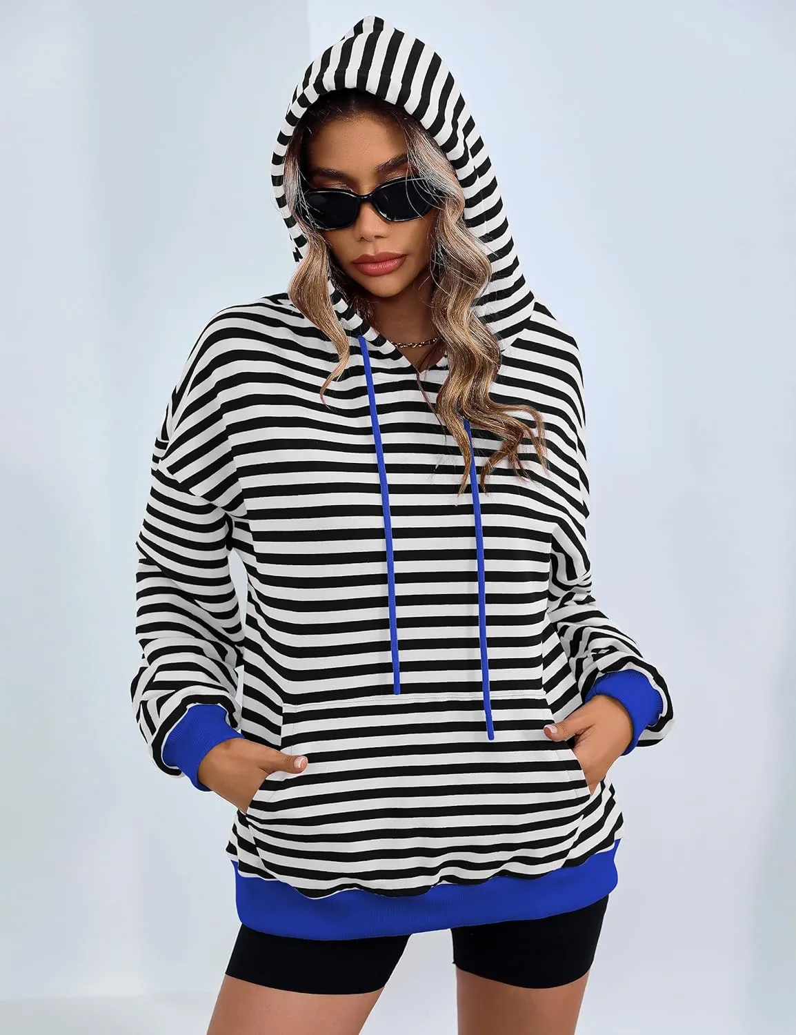 ZILIN Womens Striped Oversized Sweatshirts Long Sleeve Color Block Hoodies Pullover Top Y2K Clothes with Pocket