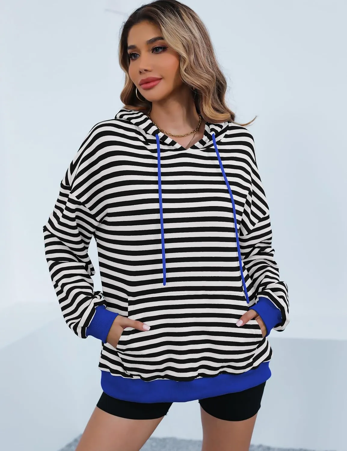 ZILIN Womens Striped Oversized Sweatshirts Long Sleeve Color Block Hoodies Pullover Top Y2K Clothes with Pocket