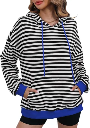 ZILIN Womens Striped Oversized Sweatshirts Long Sleeve Color Block Hoodies Pullover Top Y2K Clothes with Pocket