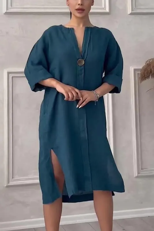 ZOCAVIA Cotton Linen Midi Shirt Dresses for Women Summer V Neck Button Down Long Sleeve Flowy Side Split Hem Beach Sundress