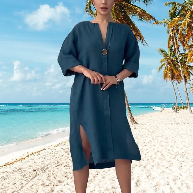 ZOCAVIA Cotton Linen Midi Shirt Dresses for Women Summer V Neck Button Down Long Sleeve Flowy Side Split Hem Beach Sundress