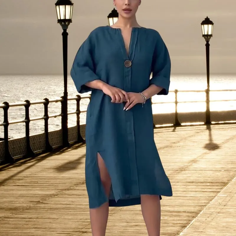 ZOCAVIA Cotton Linen Midi Shirt Dresses for Women Summer V Neck Button Down Long Sleeve Flowy Side Split Hem Beach Sundress