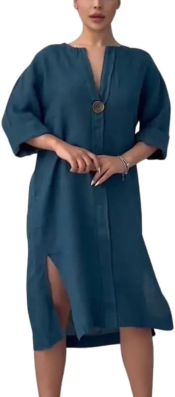 ZOCAVIA Cotton Linen Midi Shirt Dresses for Women Summer V Neck Button Down Long Sleeve Flowy Side Split Hem Beach Sundress