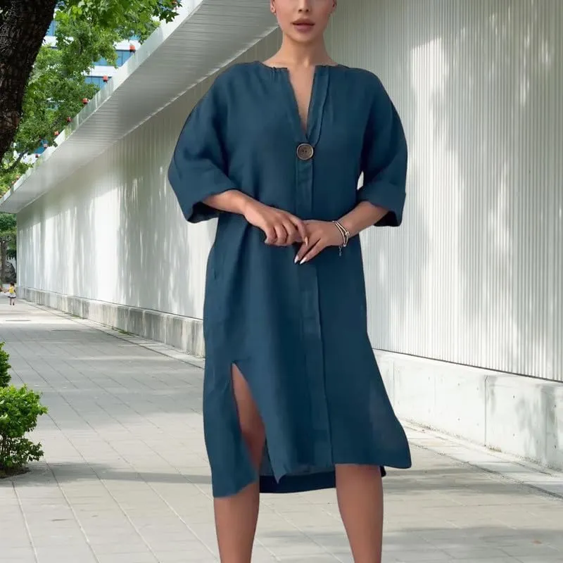 ZOCAVIA Cotton Linen Midi Shirt Dresses for Women Summer V Neck Button Down Long Sleeve Flowy Side Split Hem Beach Sundress