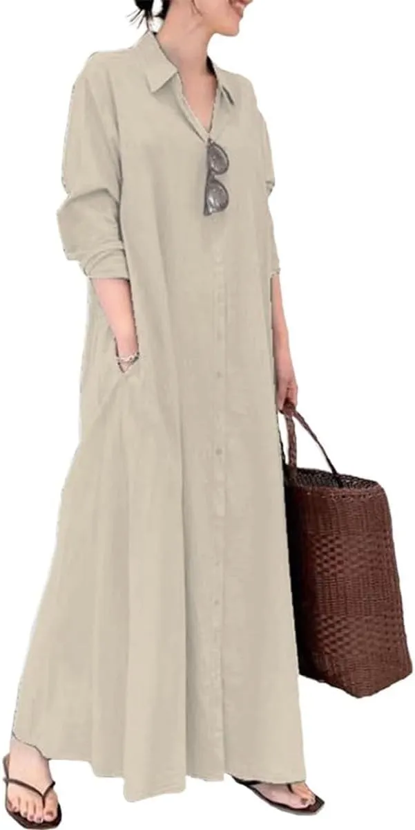 ZOCAVIA Women's Casual Cotton Linen Shirt Dress Polo Neck Long Sleeve Button-End Basic Loose Fit Dress with Pockets