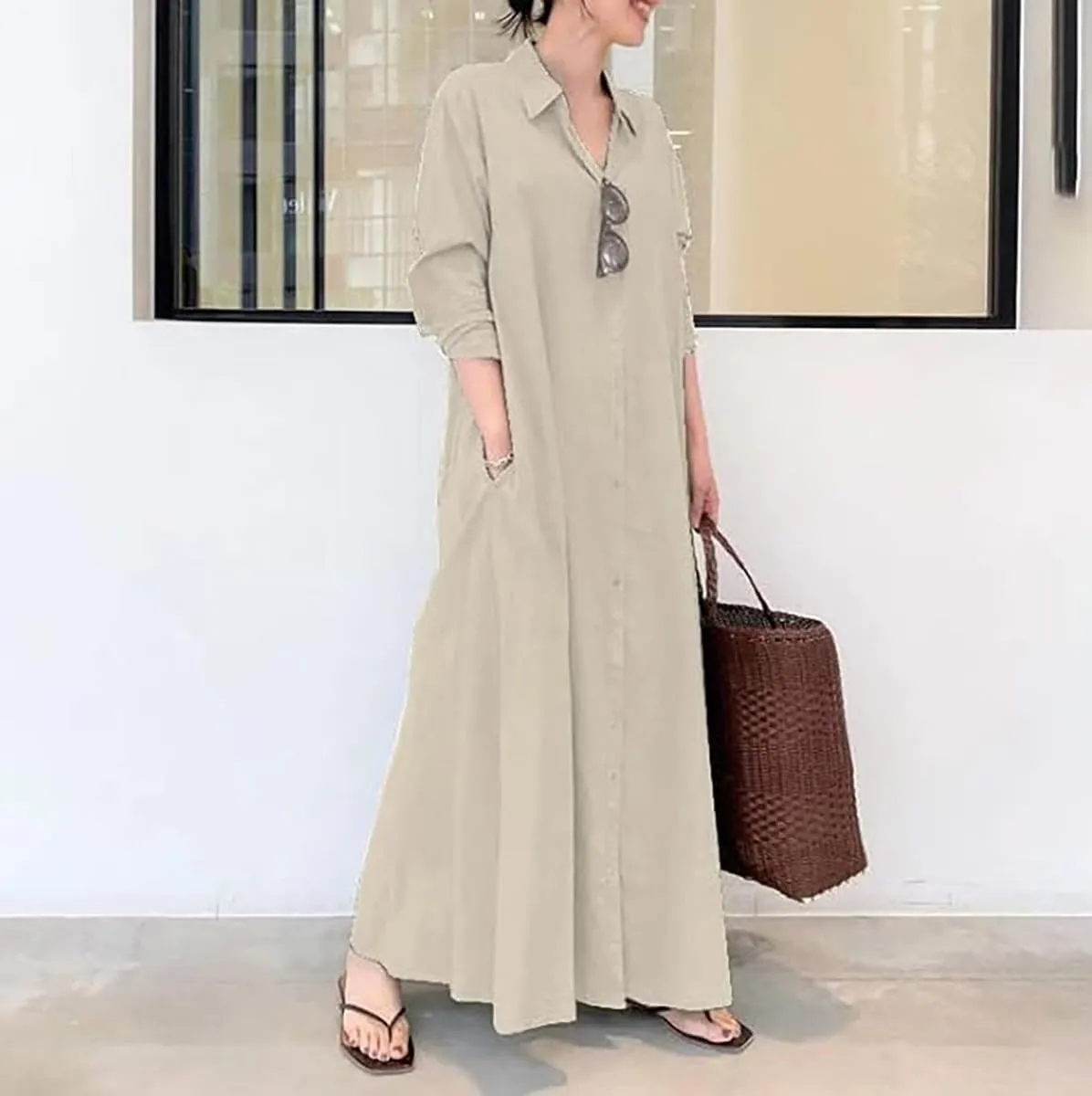 ZOCAVIA Women's Casual Cotton Linen Shirt Dress Polo Neck Long Sleeve Button-End Basic Loose Fit Dress with Pockets
